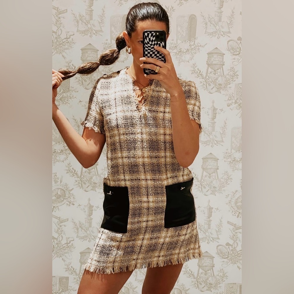 Zara Women’s Tweed Plaid Leather Pocket Shift Mini Dress Beige Size XS